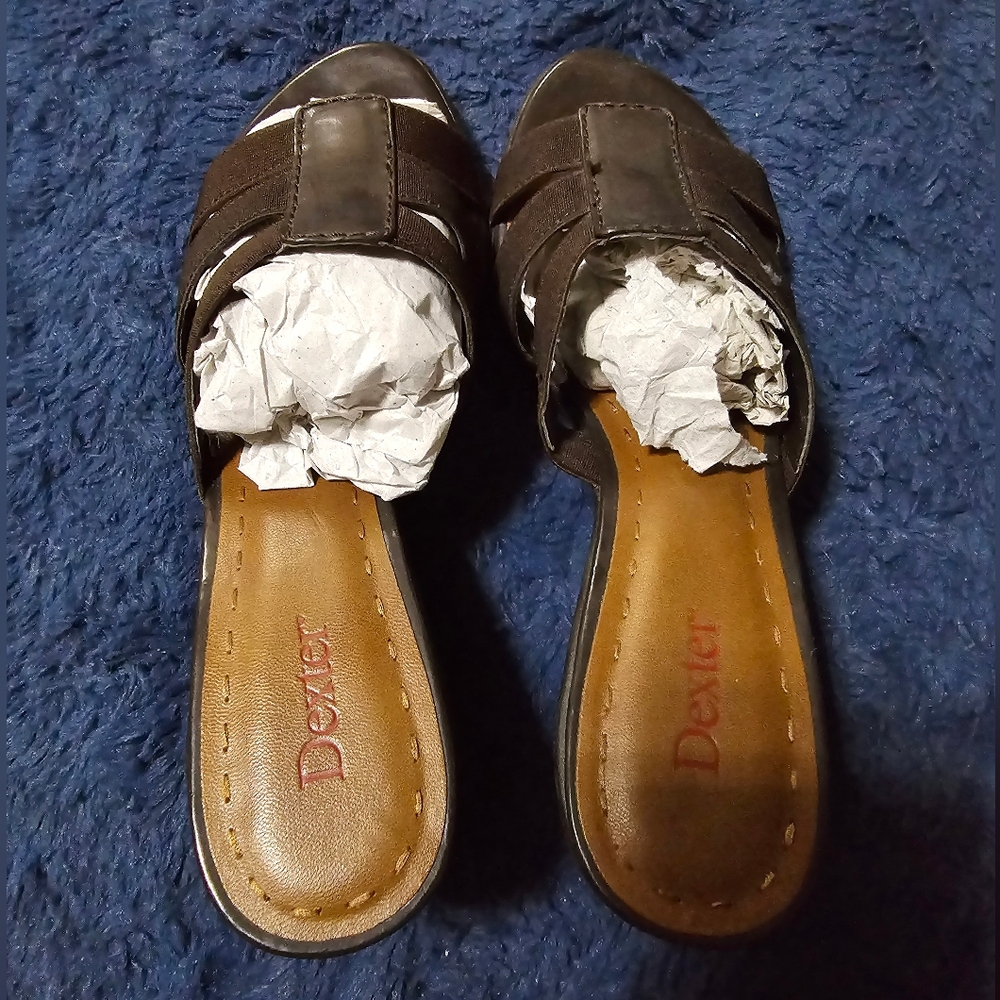 Dexter Wedge Sandals Womens Size 6.5 Brown Open-Toe Slide Mules 3-1/2" High Heel